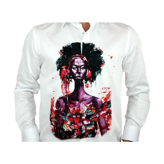 GUISEPPE LUIGI Koszula męska GL22 biała z efektownym kolorowym nadrukiem, twarz | Sklep GriShop.eu | Koszule