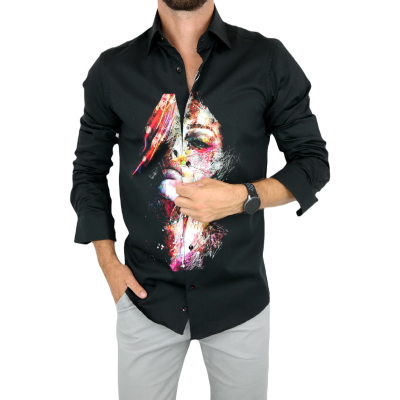 GUISEPPE LUIGI Koszula męska GL25 czarna z efektownym nadrukiem, kolorowa twarz | Sklep GriShop.eu | Koszule