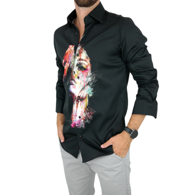 GUISEPPE LUIGI Koszula męska GL25 czarna z efektownym nadrukiem, kolorowa twarz | Sklep GriShop.eu | Koszule