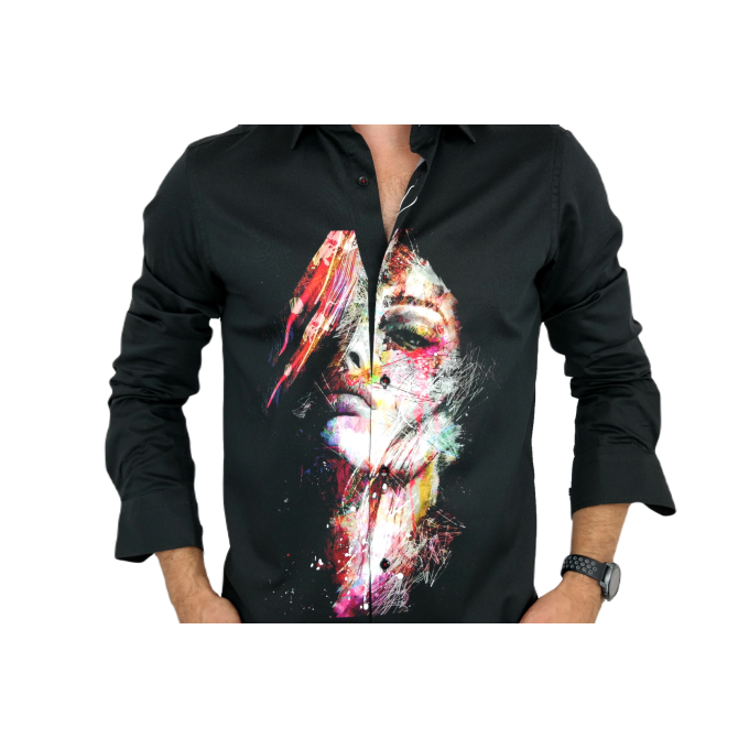 GUISEPPE LUIGI Koszula męska GL25 czarna z efektownym nadrukiem, kolorowa twarz | Sklep GriShop.eu | Koszule