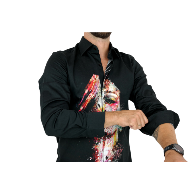 GUISEPPE LUIGI Koszula męska GL25 czarna z efektownym nadrukiem, kolorowa twarz | Sklep GriShop.eu | Koszule