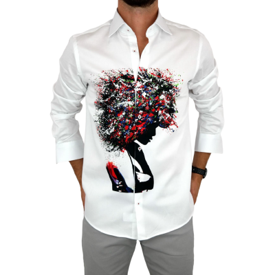 GUISEPPE LUIGI Koszula męska GL28 biała z efektownym kolorowym nadrukiem, kobieta/drzewo | Sklep GriShop.eu | Koszule