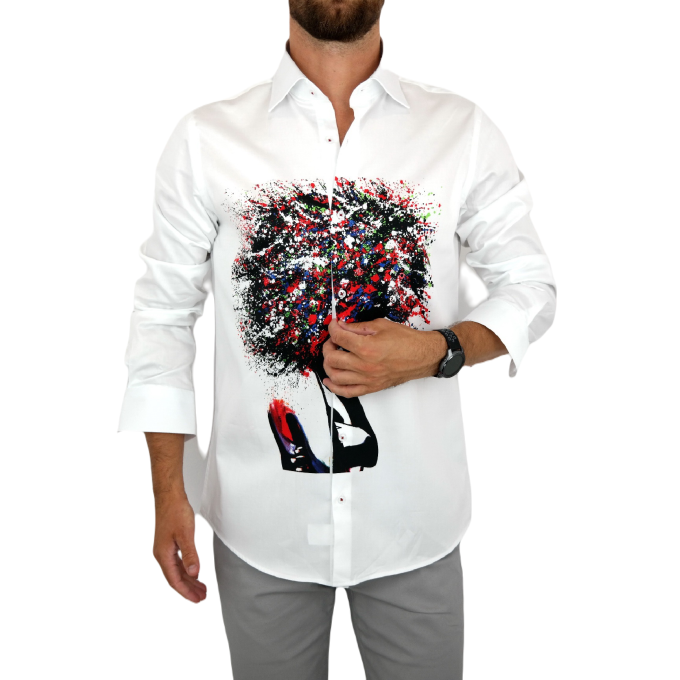 GUISEPPE LUIGI Koszula męska GL28 biała z efektownym kolorowym nadrukiem, kobieta/drzewo | Sklep GriShop.eu | Koszule