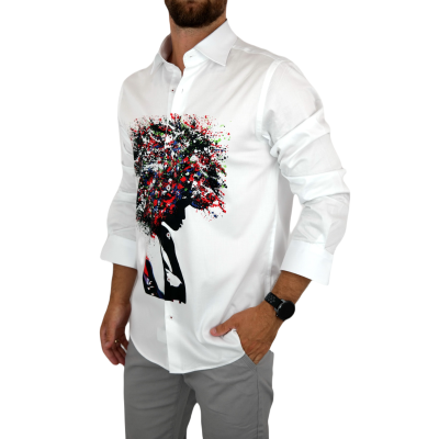 GUISEPPE LUIGI Koszula męska GL28 biała z efektownym kolorowym nadrukiem, kobieta/drzewo | Sklep GriShop.eu | Koszule