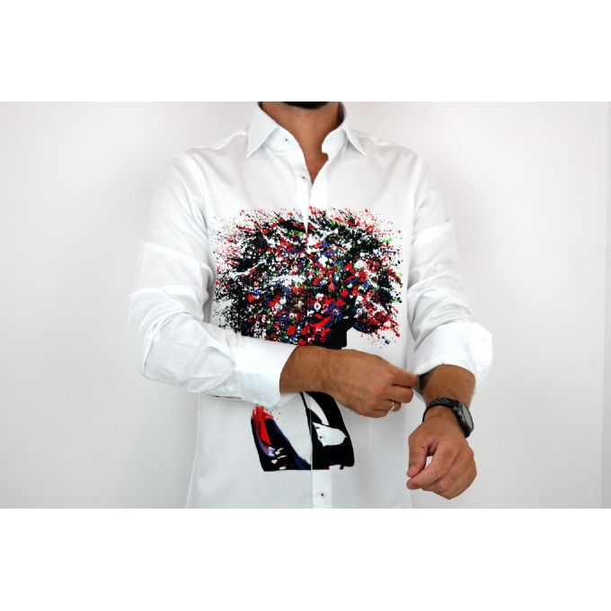 GUISEPPE LUIGI Koszula męska GL28 biała z efektownym kolorowym nadrukiem, kobieta/drzewo | Sklep GriShop.eu | Koszule
