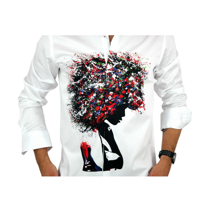 GUISEPPE LUIGI Koszula męska GL28 biała z efektownym kolorowym nadrukiem, kobieta/drzewo | Sklep GriShop.eu | Koszule