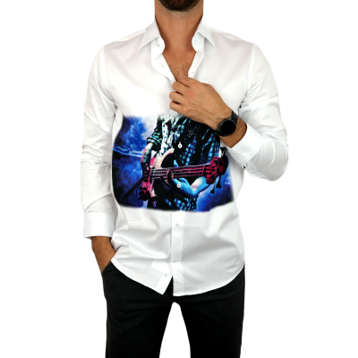 GUISEPPE LUIGI Koszula męska GL34 biała z efektownym kolorowym nadrukiem muzycznym, gitarzysta | Sklep GriShop.eu | Koszule