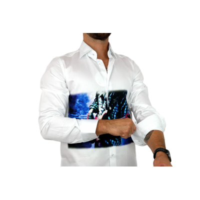 GUISEPPE LUIGI Koszula męska GL34 biała z efektownym kolorowym nadrukiem muzycznym, gitarzysta | Sklep GriShop.eu | Koszule