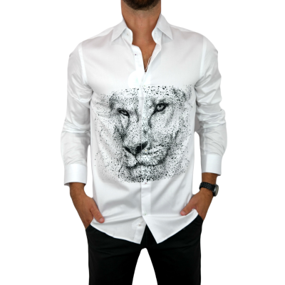 GUISEPPE LUIGI Koszula męska GL35 biała z efektownym czarnym nadrukiem, lew | Sklep GriShop.eu | Koszule