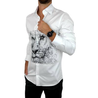 GUISEPPE LUIGI Koszula męska GL35 biała z efektownym czarnym nadrukiem, lew | Sklep GriShop.eu | Koszule