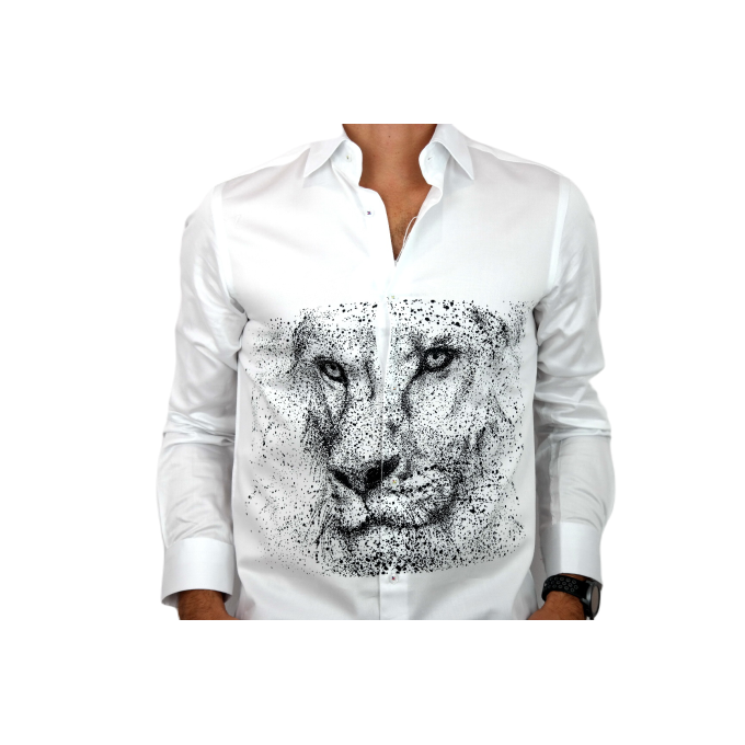 GUISEPPE LUIGI Koszula męska GL35 biała z efektownym czarnym nadrukiem, lew | Sklep GriShop.eu | Koszule