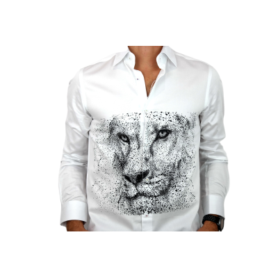 GUISEPPE LUIGI Koszula męska GL35 biała z efektownym czarnym nadrukiem, lew | Sklep GriShop.eu | Koszule
