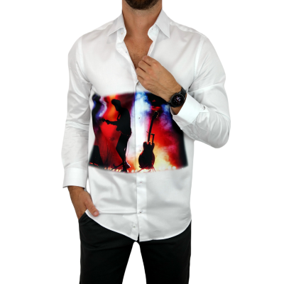 GUISEPPE LUIGI Koszula męska GL36 biała z efektownym kolorowym nadrukiem muzycznym, gitarzysta | Sklep GriShop.eu | Koszule