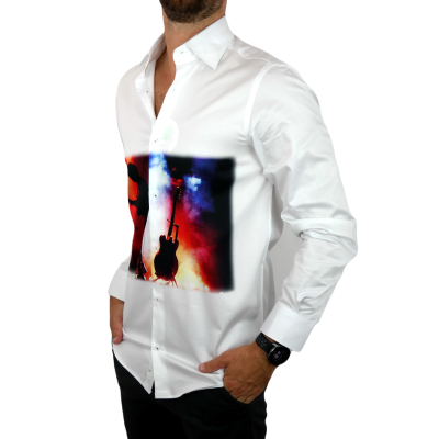 GUISEPPE LUIGI Koszula męska GL36 biała z efektownym kolorowym nadrukiem muzycznym, gitarzysta | Sklep GriShop.eu | Koszule