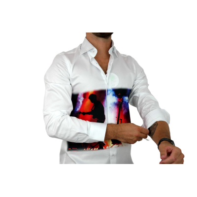 GUISEPPE LUIGI Koszula męska GL36 biała z efektownym kolorowym nadrukiem muzycznym, gitarzysta | Sklep GriShop.eu | Koszule