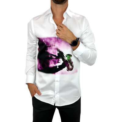 GUISEPPE LUIGI Koszula męska GL38 biała z efektownym kolorowym nadrukiem muzycznym, saksofon | Sklep GriShop.eu | Koszule
