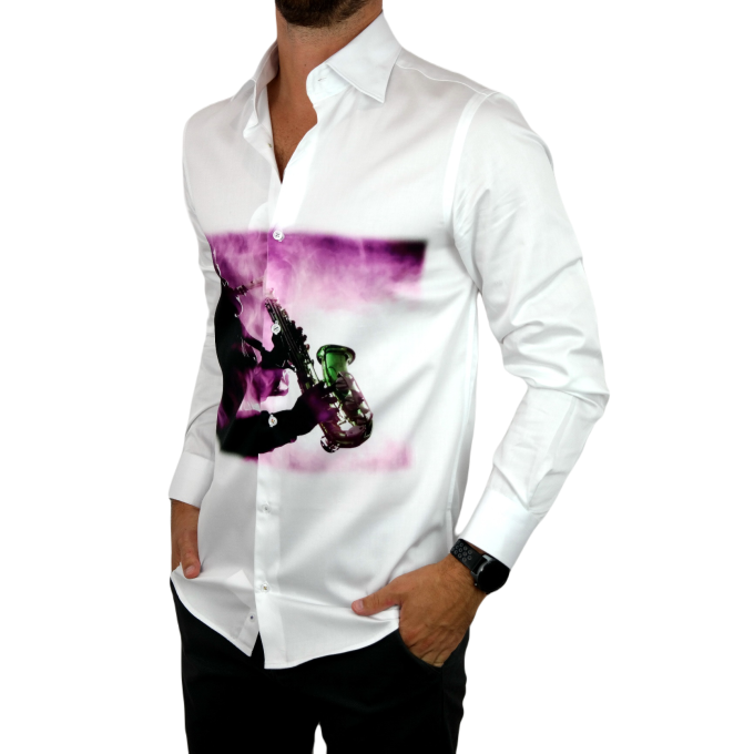 GUISEPPE LUIGI Koszula męska GL38 biała z efektownym kolorowym nadrukiem muzycznym, saksofon | Sklep GriShop.eu | Koszule