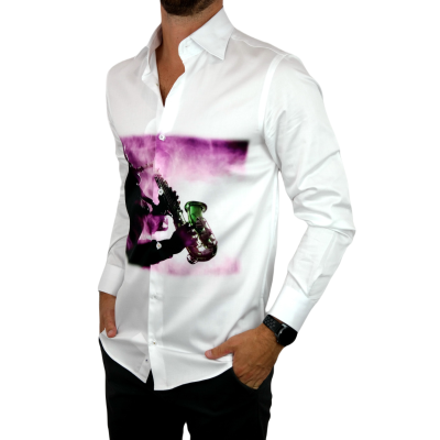 GUISEPPE LUIGI Koszula męska GL38 biała z efektownym kolorowym nadrukiem muzycznym, saksofon | Sklep GriShop.eu | Koszule