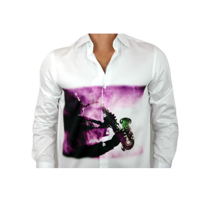 GUISEPPE LUIGI Koszula męska GL38 biała z efektownym kolorowym nadrukiem muzycznym, saksofon | Sklep GriShop.eu | Koszule