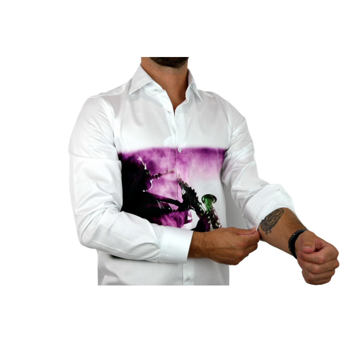 GUISEPPE LUIGI Koszula męska GL38 biała z efektownym kolorowym nadrukiem muzycznym, saksofon | Sklep GriShop.eu | Koszule
