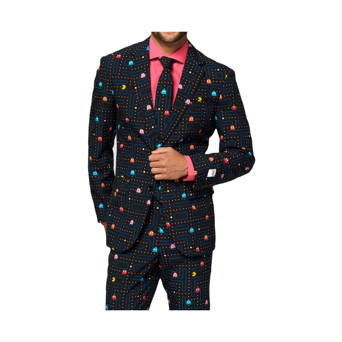 OPPOSUITS Garnitur męski z krawatem, czarny, kolorowy PAC-MAN, wzór, casual | Sklep GriShop.eu | Garnitury