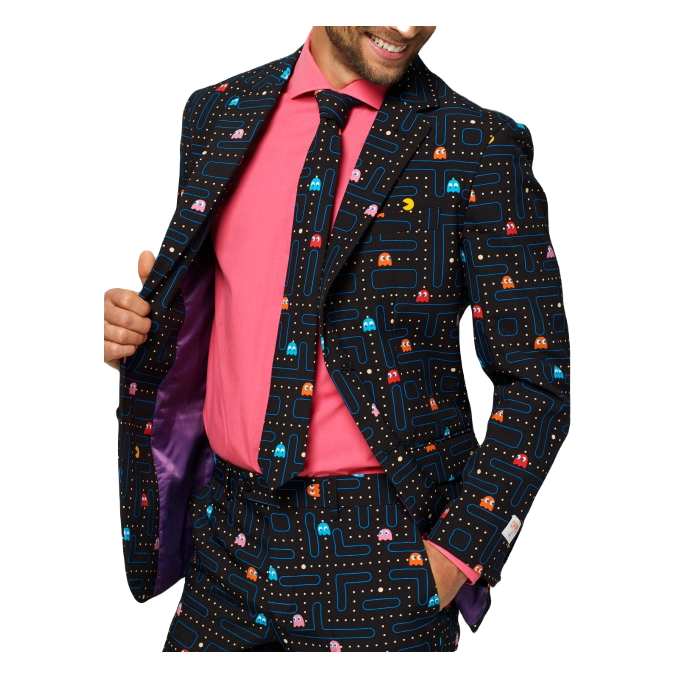 OPPOSUITS Garnitur męski z krawatem, czarny, kolorowy PAC-MAN, wzór, casual | Sklep GriShop.eu | Garnitury