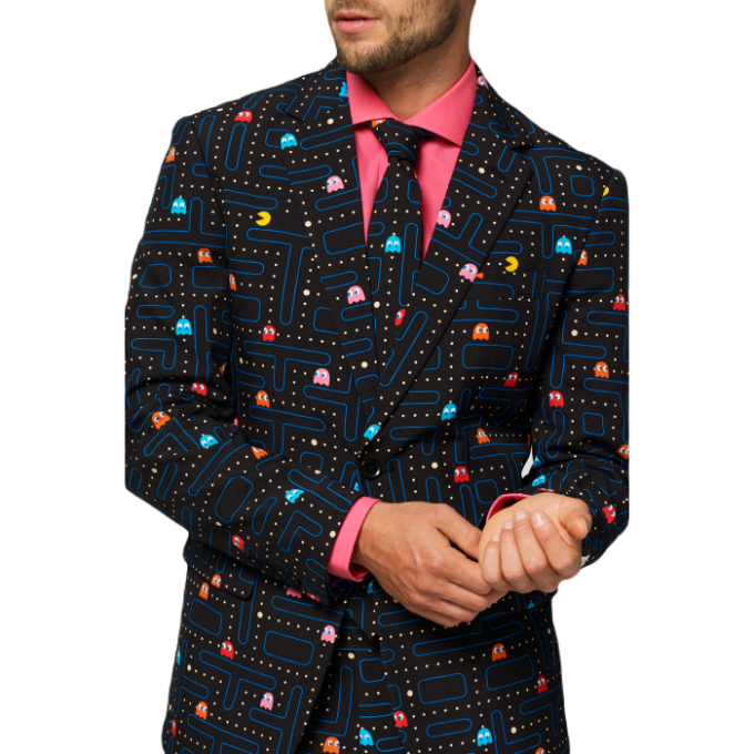 OPPOSUITS Garnitur męski z krawatem, czarny, kolorowy PAC-MAN, wzór, casual | Sklep GriShop.eu | Garnitury