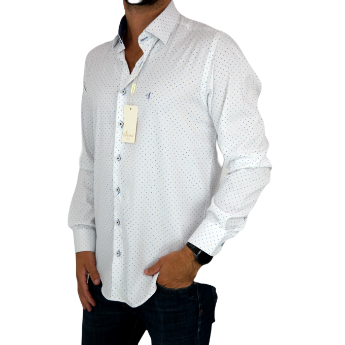DANIEL BESSI Koszula męska fb036 biała w niebieskie kropki, efekt jedwabiu | Sklep GriShop.eu | Koszule