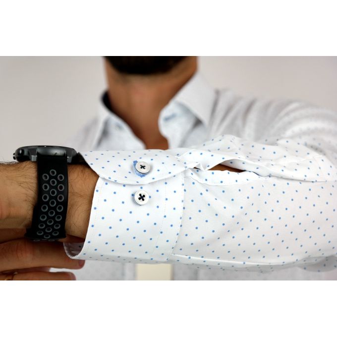 DANIEL BESSI Koszula męska fb036 biała w niebieskie kropki, efekt jedwabiu | Sklep GriShop.eu | Koszule