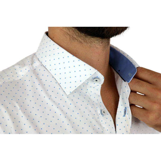 DANIEL BESSI Koszula męska fb036 biała w niebieskie kropki, efekt jedwabiu | Sklep GriShop.eu | Koszule