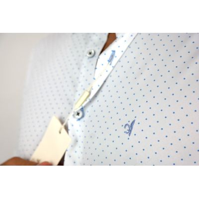 DANIEL BESSI Koszula męska fb036 biała w niebieskie kropki, efekt jedwabiu | Sklep GriShop.eu | Koszule