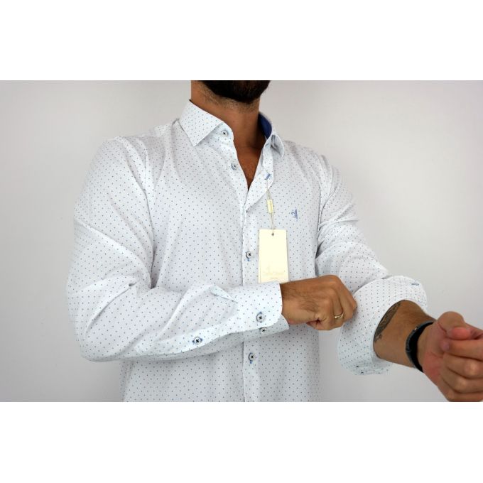 DANIEL BESSI Koszula męska fb036 biała w niebieskie kropki, efekt jedwabiu | Sklep GriShop.eu | Koszule