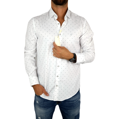 DANIEL BESSI Koszula męska fb199 biała w czarny drobny wzór, efekt jedwabiu | Sklep GriShop.eu | Koszule
