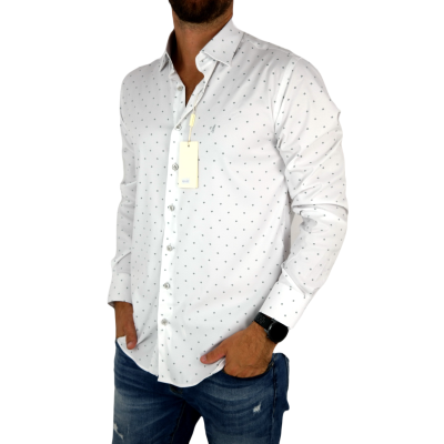 DANIEL BESSI Koszula męska fb199 biała w czarny drobny wzór, efekt jedwabiu | Sklep GriShop.eu | Koszule