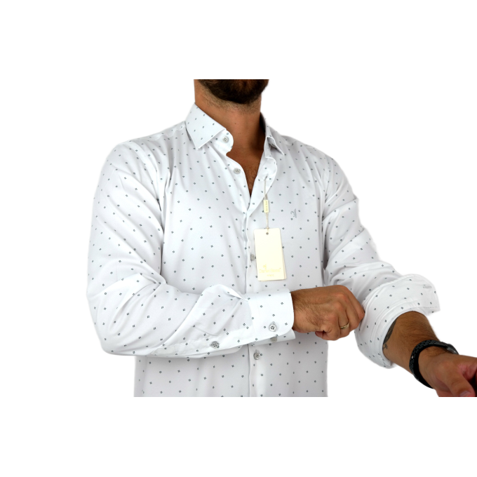 DANIEL BESSI Koszula męska fb199 biała w czarny drobny wzór, efekt jedwabiu | Sklep GriShop.eu | Koszule