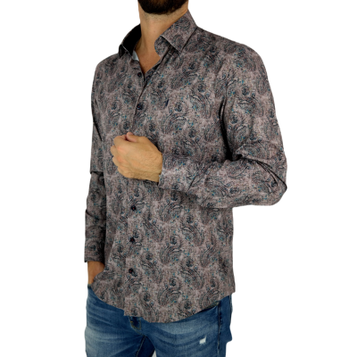 DANIEL BESSI Koszula męska fb162 beżowa, paisley, kwiaty, efekt jedwabiu | Sklep GriShop.eu | Koszule