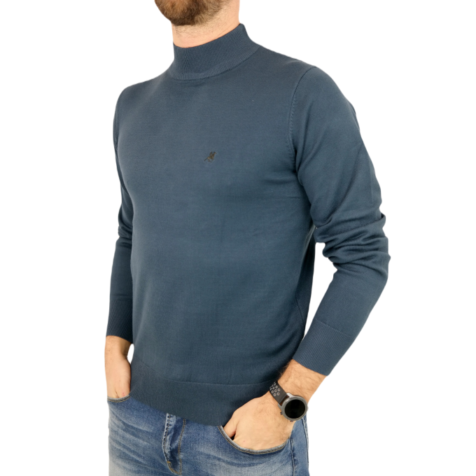 U.S. GRAND POLO Sweter męski półgolf G05 niebieski, gładki | Sklep GriShop.eu | Swetry