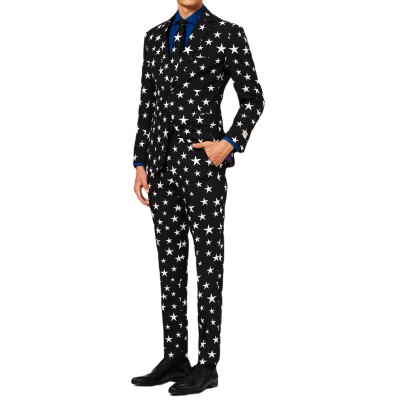 OPPOSUITS Garnitur męski z krawatem, czarny w białe gwiazdki, wzór, casual | Sklep GriShop.eu | Garnitury