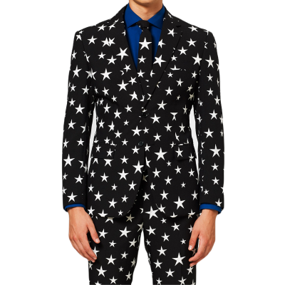 OPPOSUITS Garnitur męski z krawatem, czarny w białe gwiazdki, wzór, casual | Sklep GriShop.eu | Garnitury