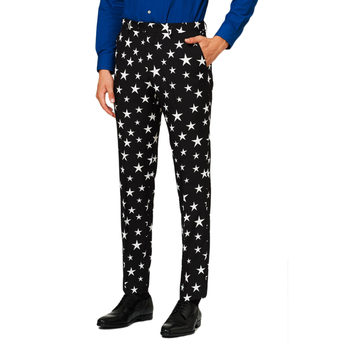 OPPOSUITS Garnitur męski z krawatem, czarny w białe gwiazdki, wzór, casual | Sklep GriShop.eu | Garnitury