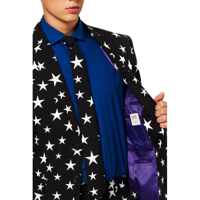 OPPOSUITS Garnitur męski z krawatem, czarny w białe gwiazdki, wzór, casual | Sklep GriShop.eu | Garnitury