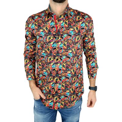 DANIEL BESSI Koszula męska fb049 kolorowa, wesoła, maska, twarz niebieska | Sklep GriShop.eu | Koszule