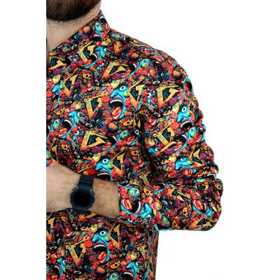 DANIEL BESSI Koszula męska fb049 kolorowa, wesoła, maska, twarz niebieska | Sklep GriShop.eu | Koszule