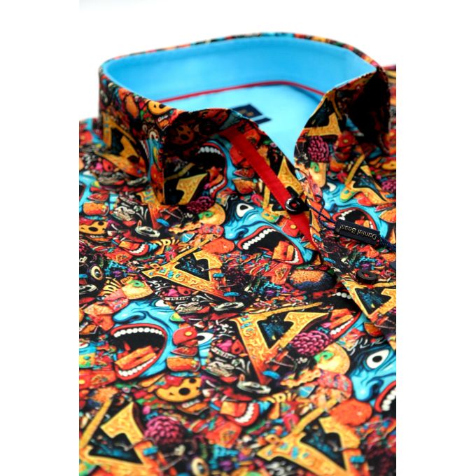 DANIEL BESSI Koszula męska fb049 kolorowa, wesoła, maska, twarz niebieska | Sklep GriShop.eu | Koszule