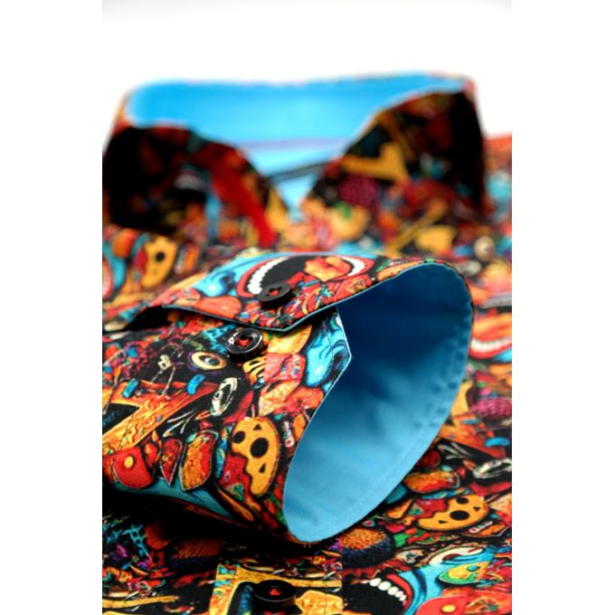 DANIEL BESSI Koszula męska fb049 kolorowa, wesoła, maska, twarz niebieska | Sklep GriShop.eu | Koszule