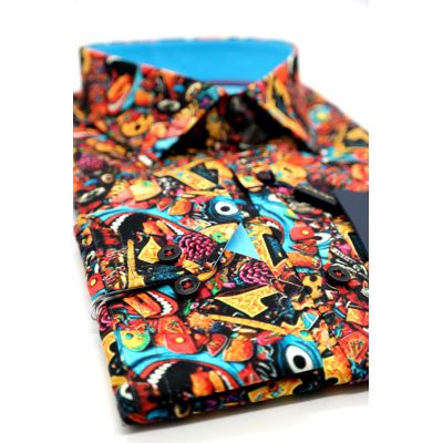 DANIEL BESSI Koszula męska fb049 kolorowa, wesoła, maska, twarz niebieska | Sklep GriShop.eu | Koszule