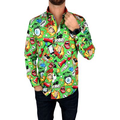 DANIEL BESSI Koszula męska fb086 zielona, KOMIKS, kolorowa, wesoła, HELLO! BOOM! | Sklep GriShop.eu | Koszule
