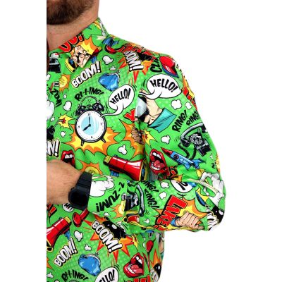 DANIEL BESSI Koszula męska fb086 zielona, KOMIKS, kolorowa, wesoła, HELLO! BOOM! | Sklep GriShop.eu | Koszule