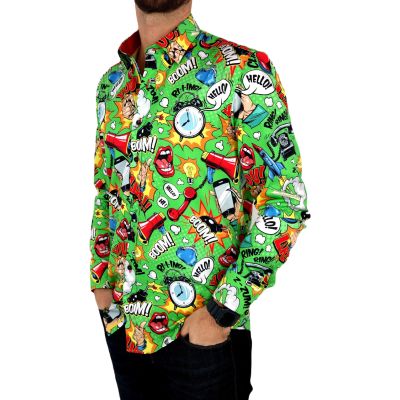 DANIEL BESSI Koszula męska fb086 zielona, KOMIKS, kolorowa, wesoła, HELLO! BOOM! | Sklep GriShop.eu | Koszule