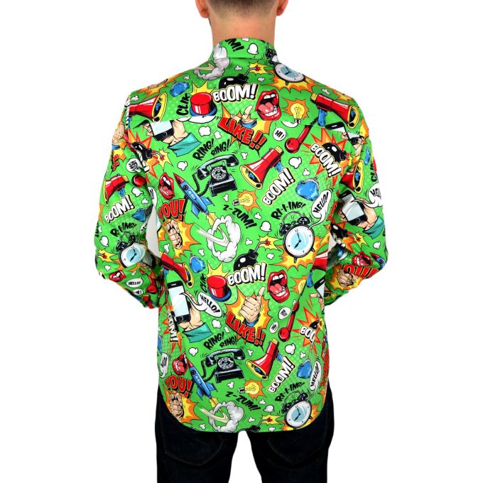 DANIEL BESSI Koszula męska fb086 zielona, KOMIKS, kolorowa, wesoła, HELLO! BOOM! | Sklep GriShop.eu | Koszule